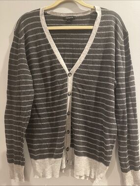 Carapace Striped 100% Cotton V-Neck Cardigan Sweater Large Cotton